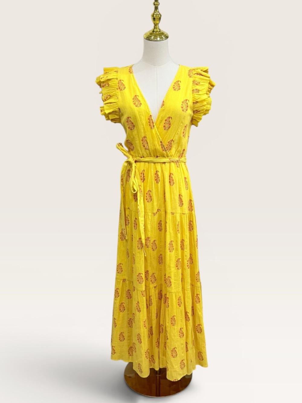 A loves A Daisy Yellow Floral Metallic V-Neck Ruffle Sleeve Tiered Maxi Dress